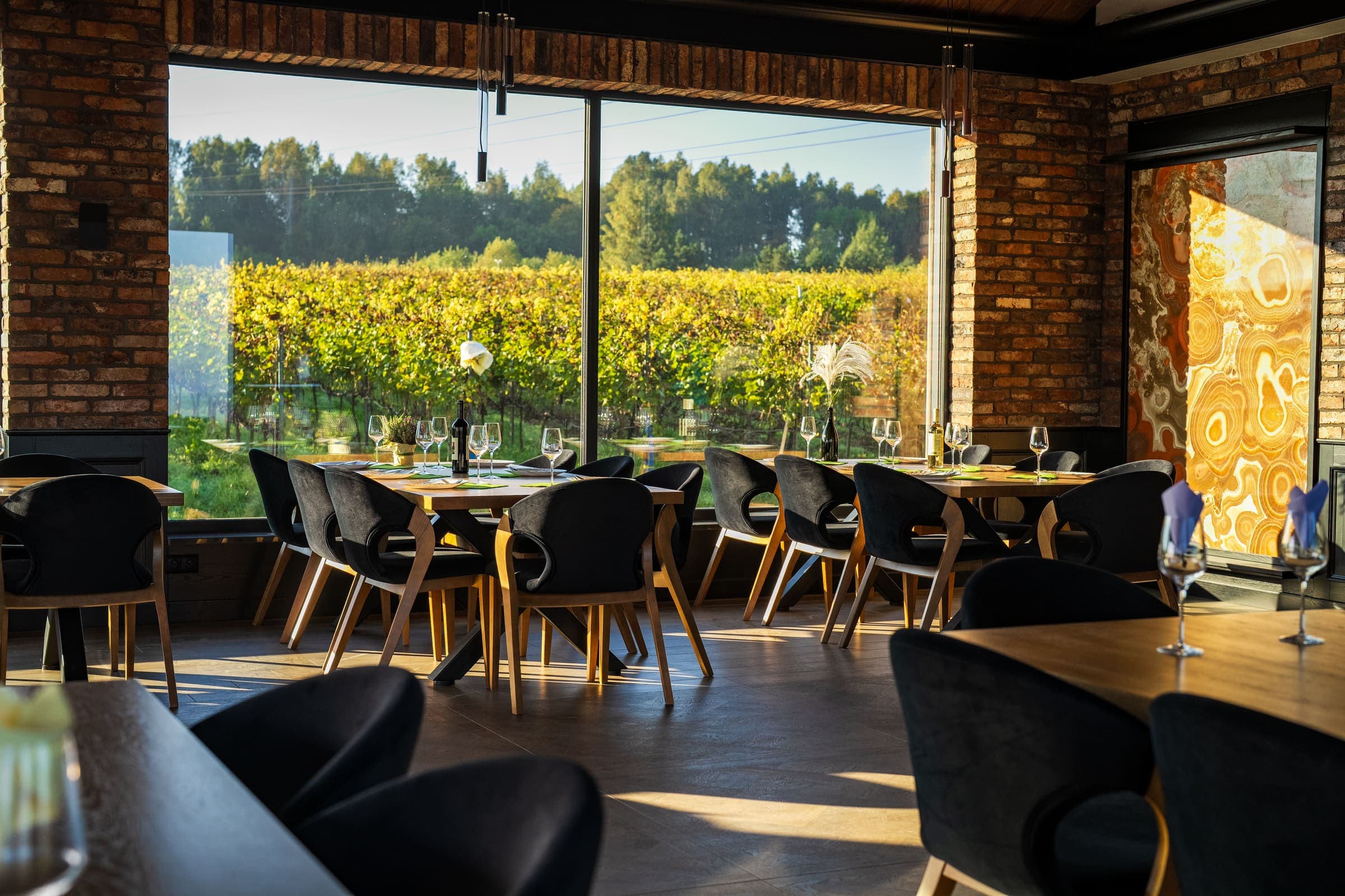 Sala restauracji Winnica Libiąż z widokiem na winnicę